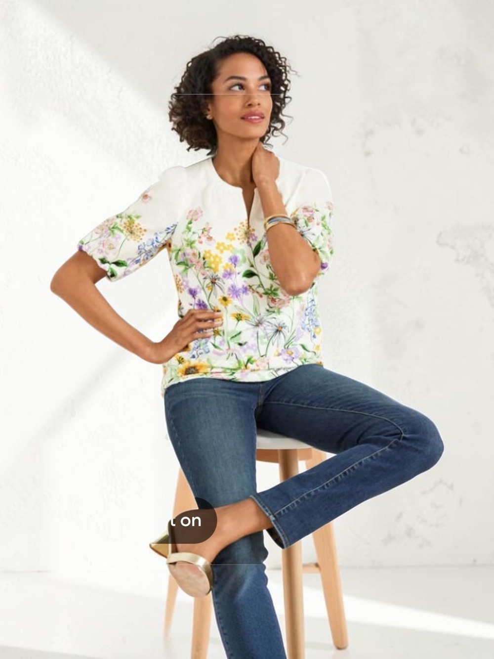 Talbots White Floral Puff-Sleeve Peasant Top